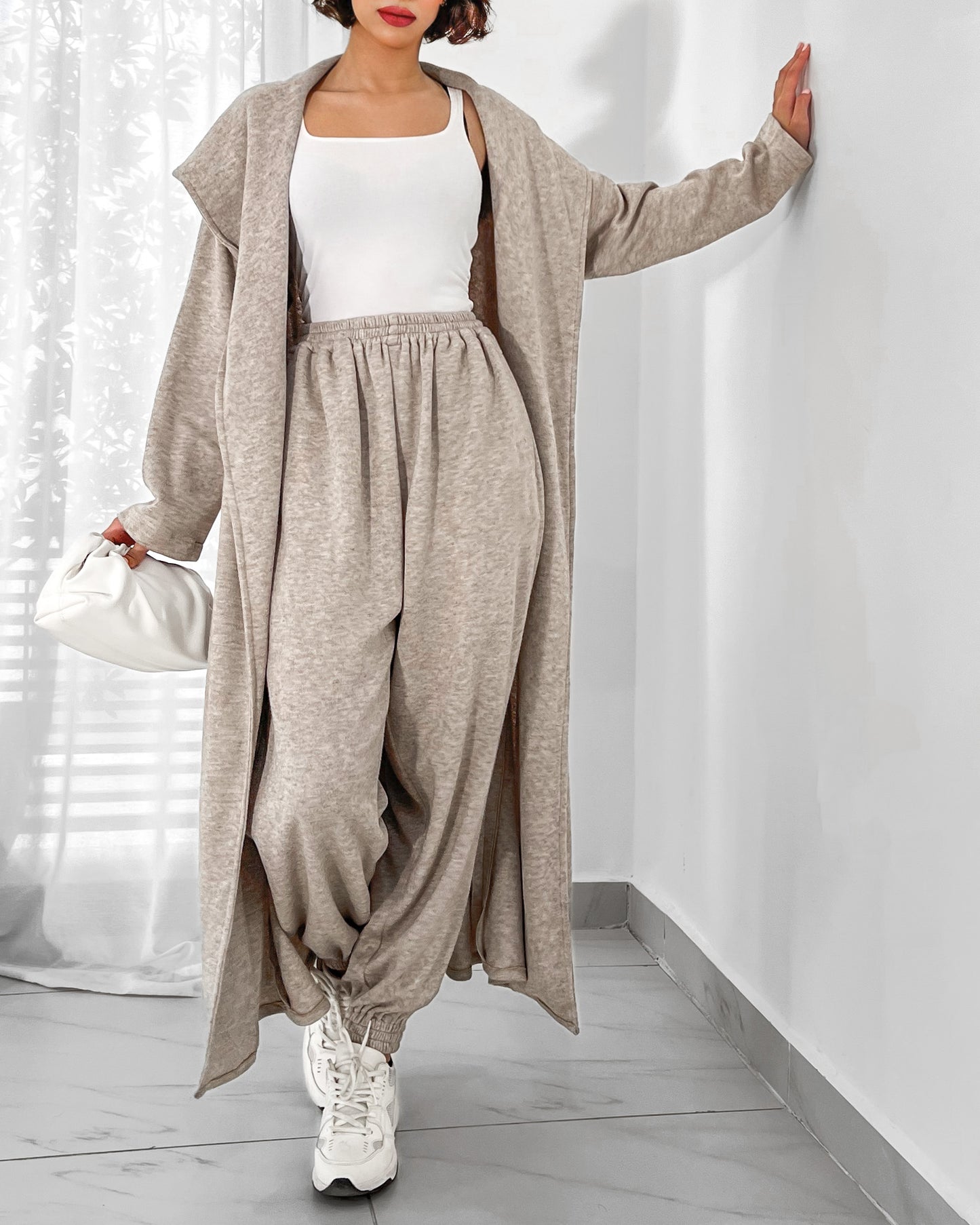 hooded longline coat with jogger in cream