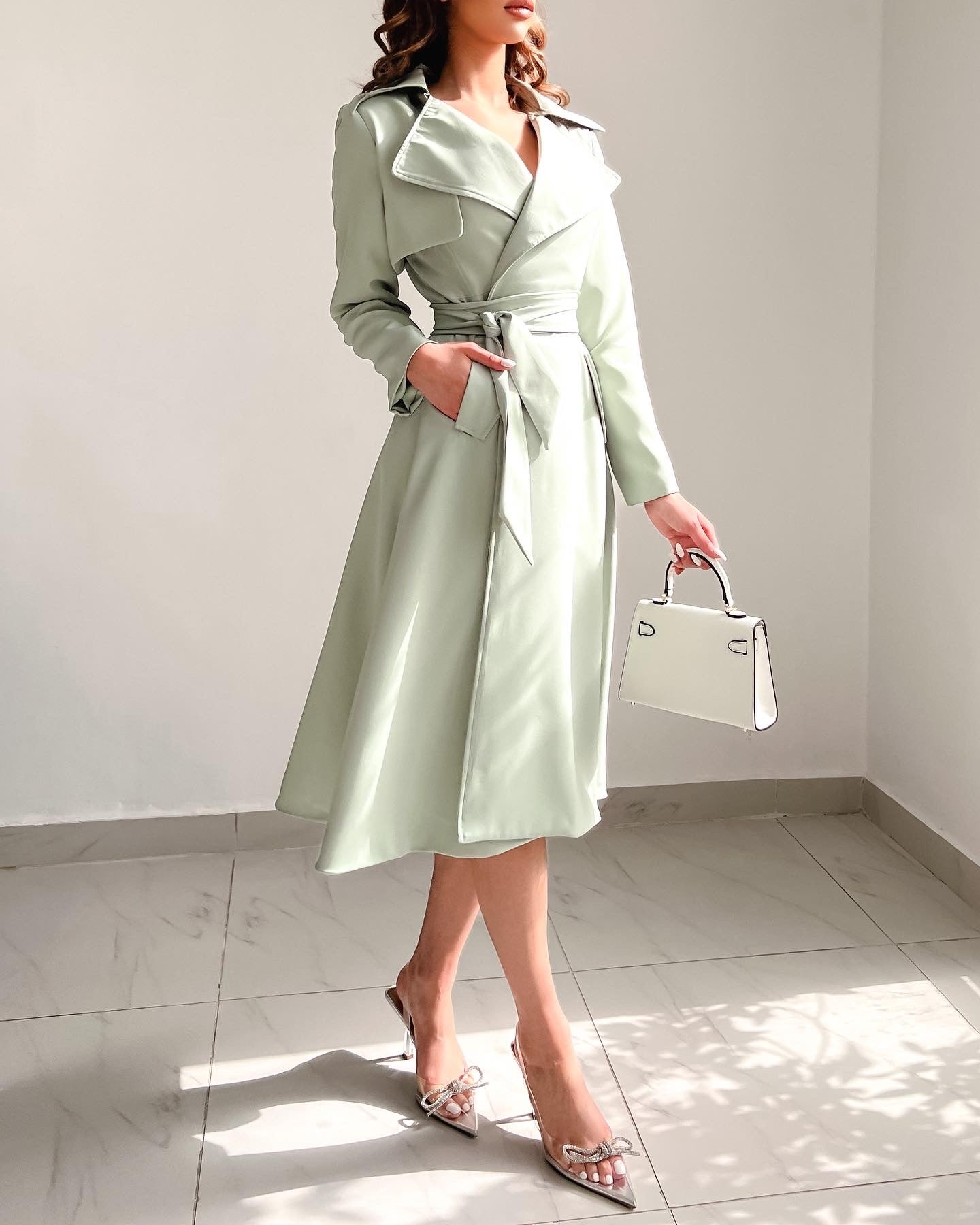 Belted midi trench dress in white
