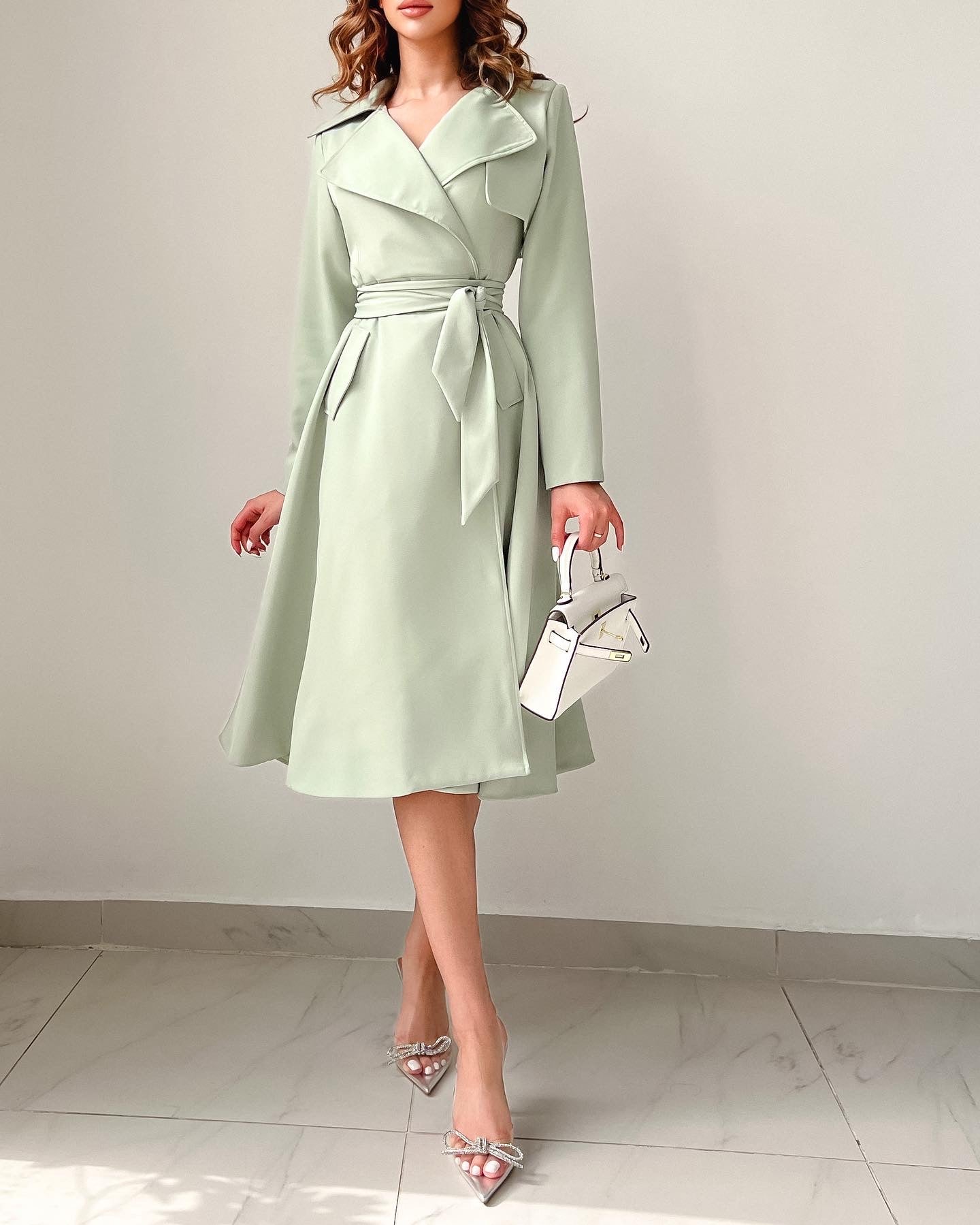Belted midi trench dress in pastel green