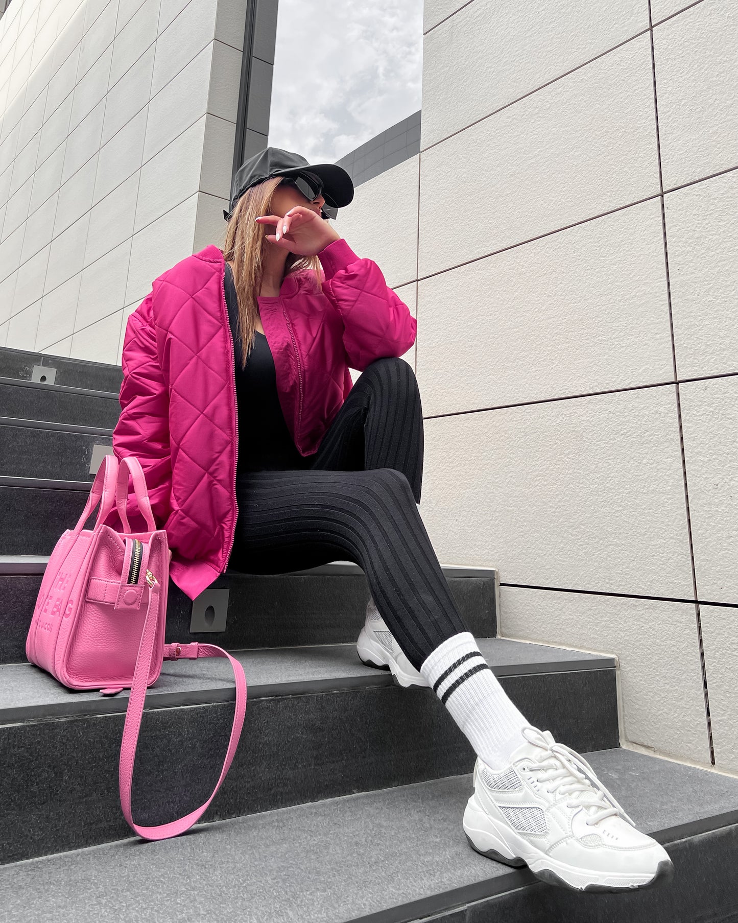 Oversized quilted bomber jacket in fuchsia
