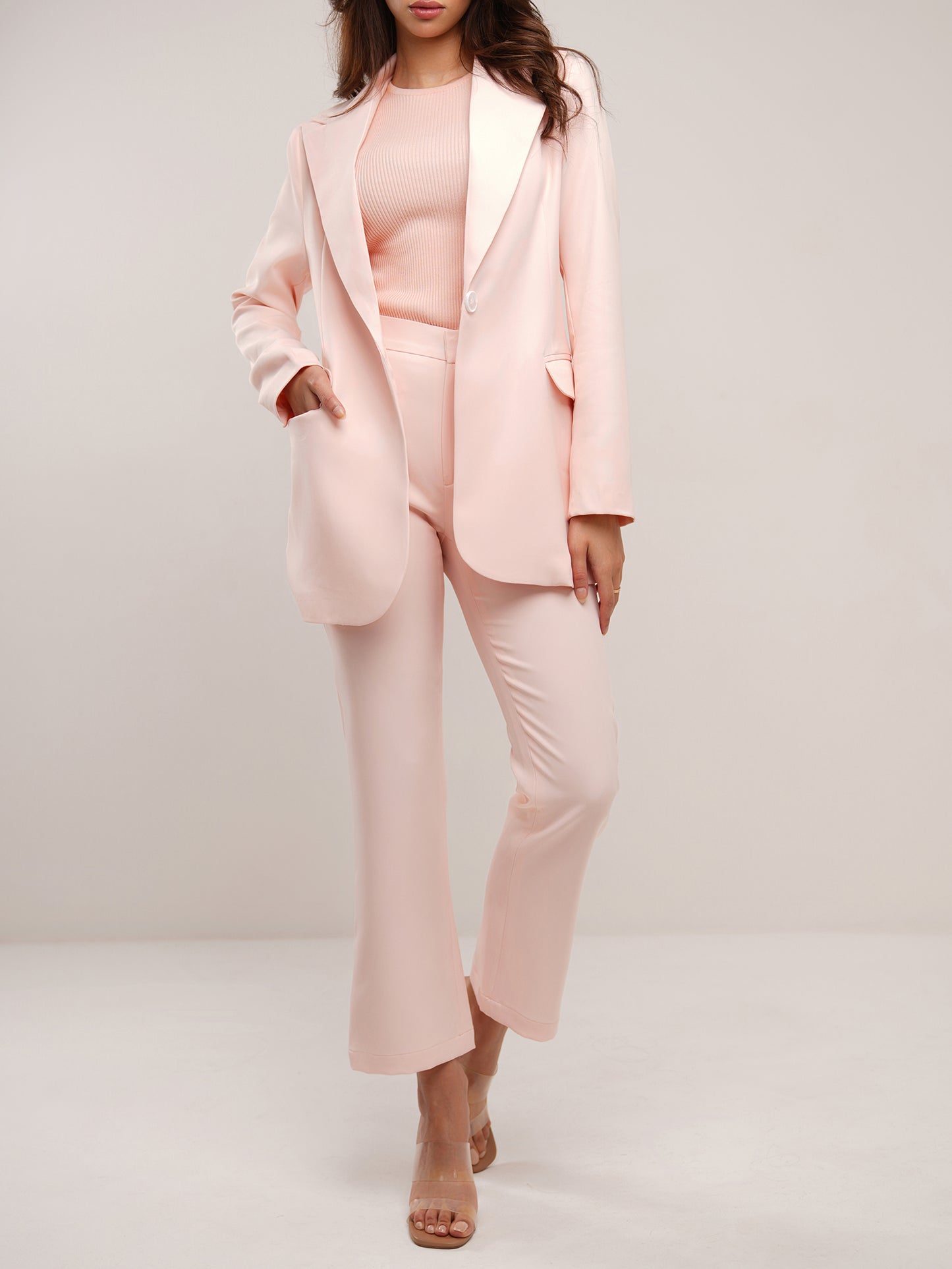 Sherbet peach peaked lapel blazer in crepe