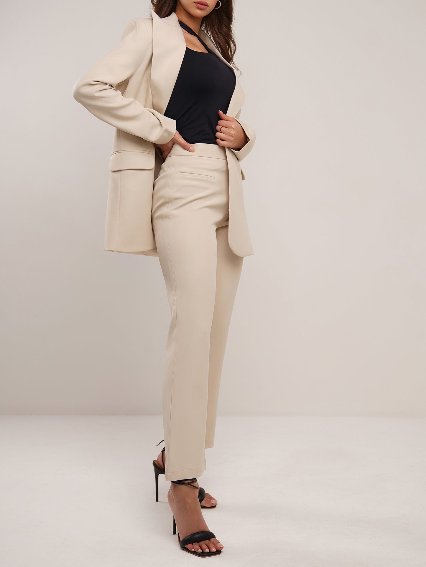 Sand dune beige classic jetted pocket flare trousers