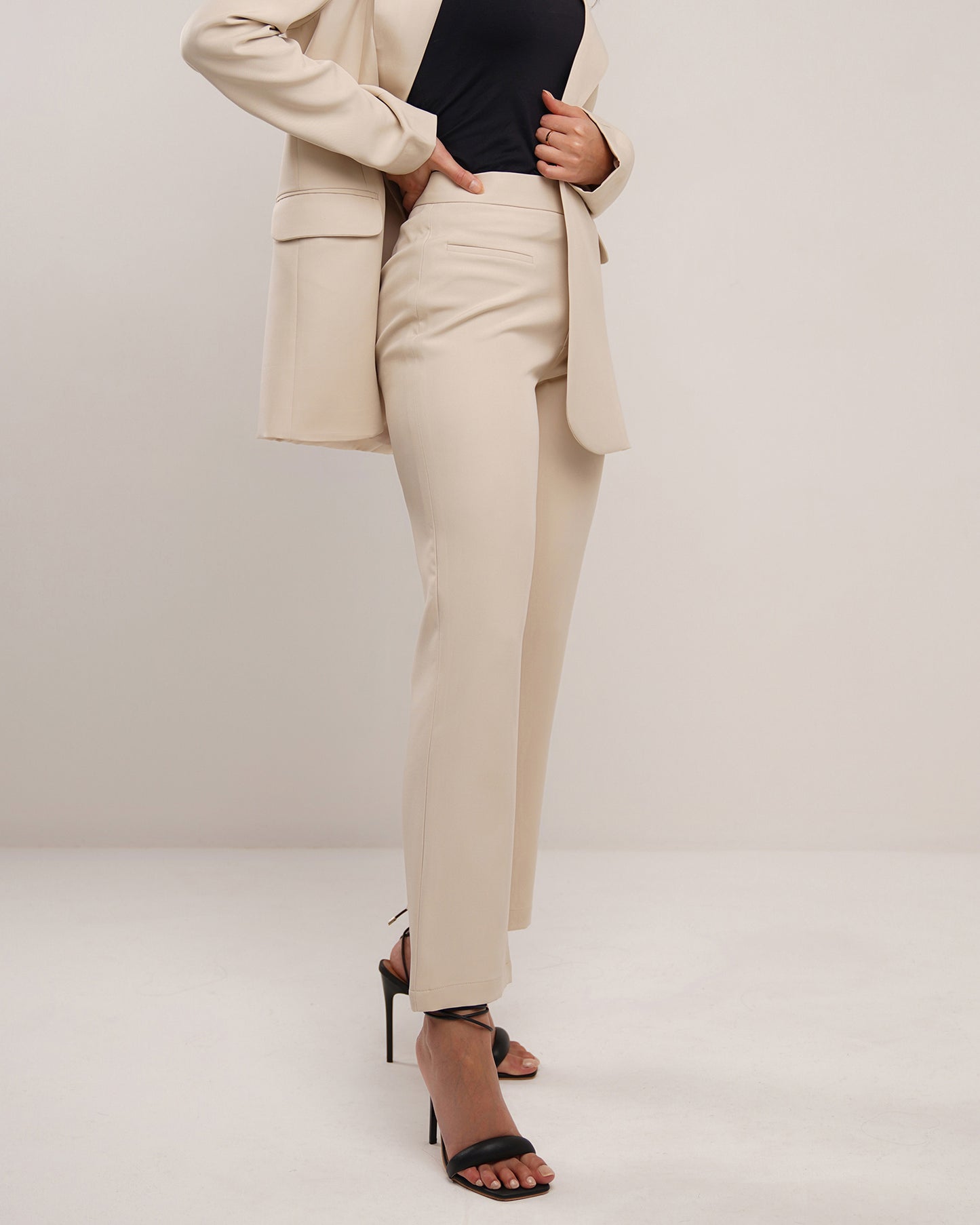 Sand dune beige classic jetted pocket flare trousers
