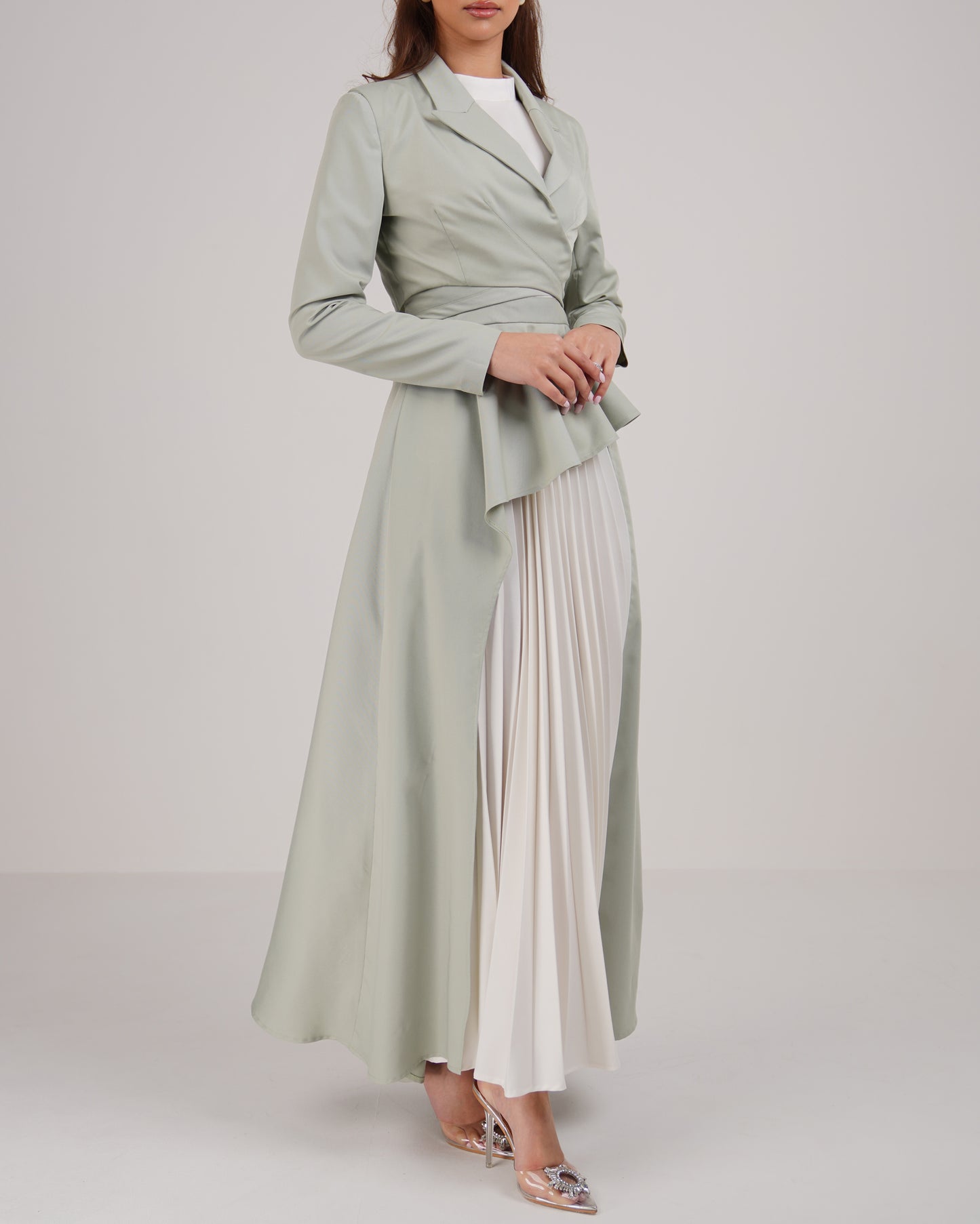 Pleated detail dress and cropped tie blazer set in pastel green