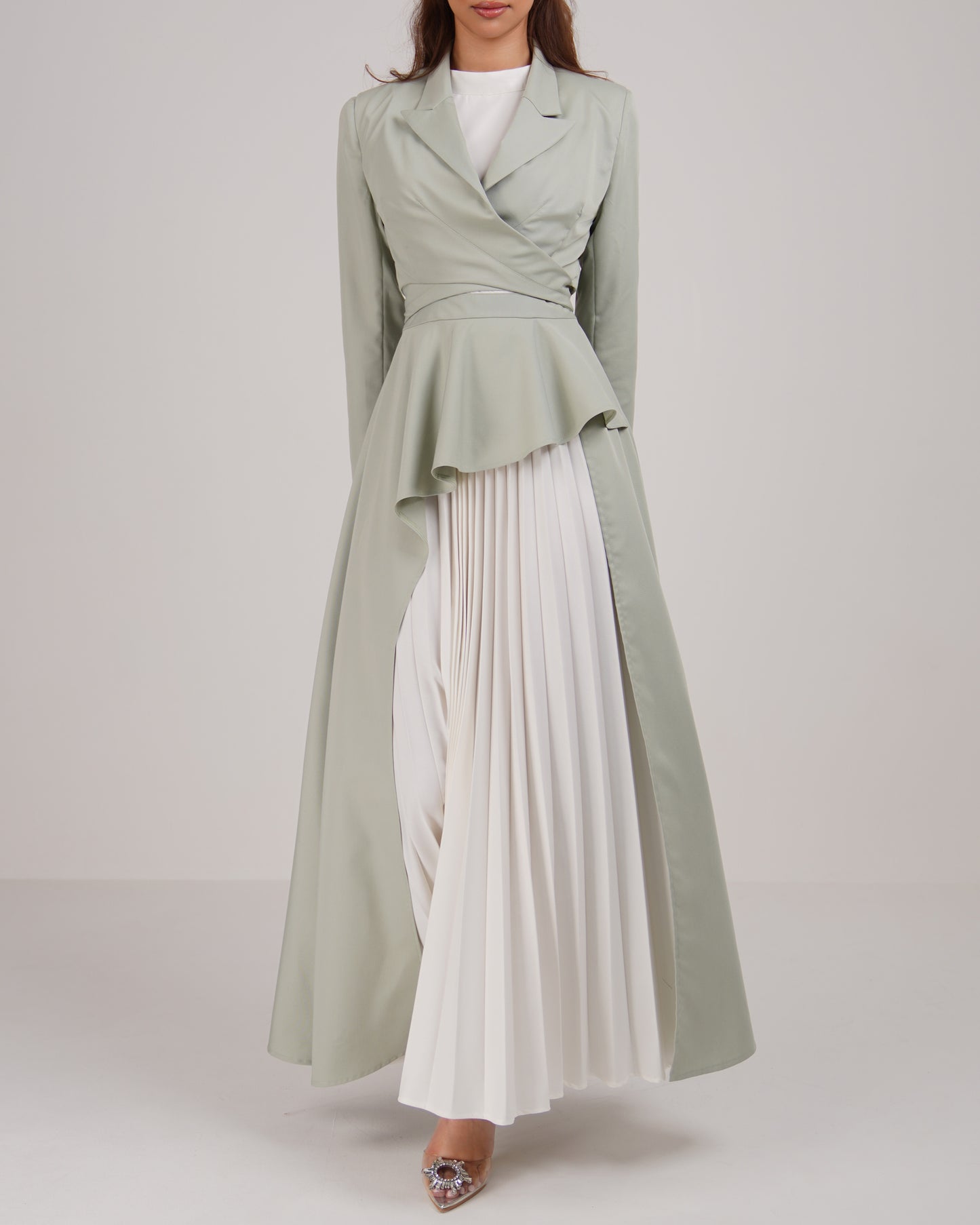 Pleated detail dress and cropped tie blazer set in pastel green