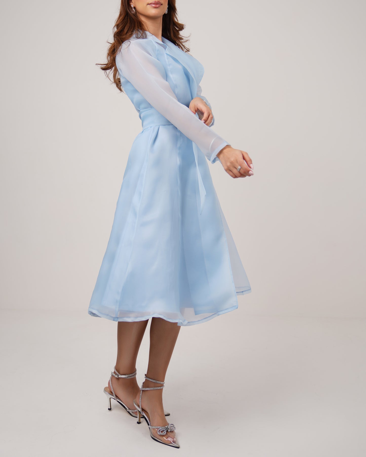 Satin dress toped with organza belted jacket