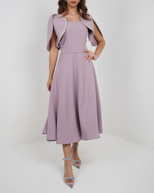 Mauve pink Crepe Dress with Silver Sequin Sleeves