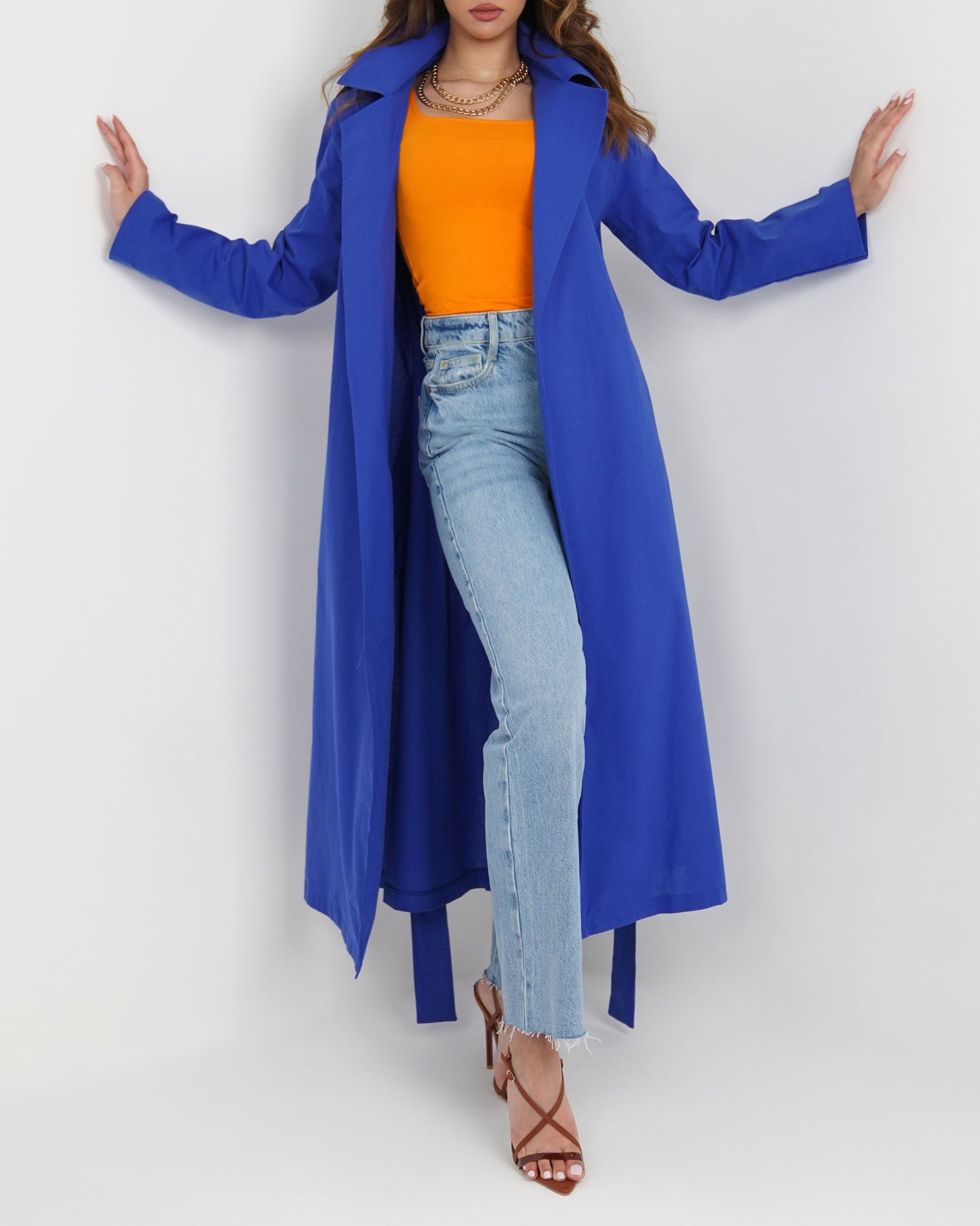 Long line trench coat in royal blue