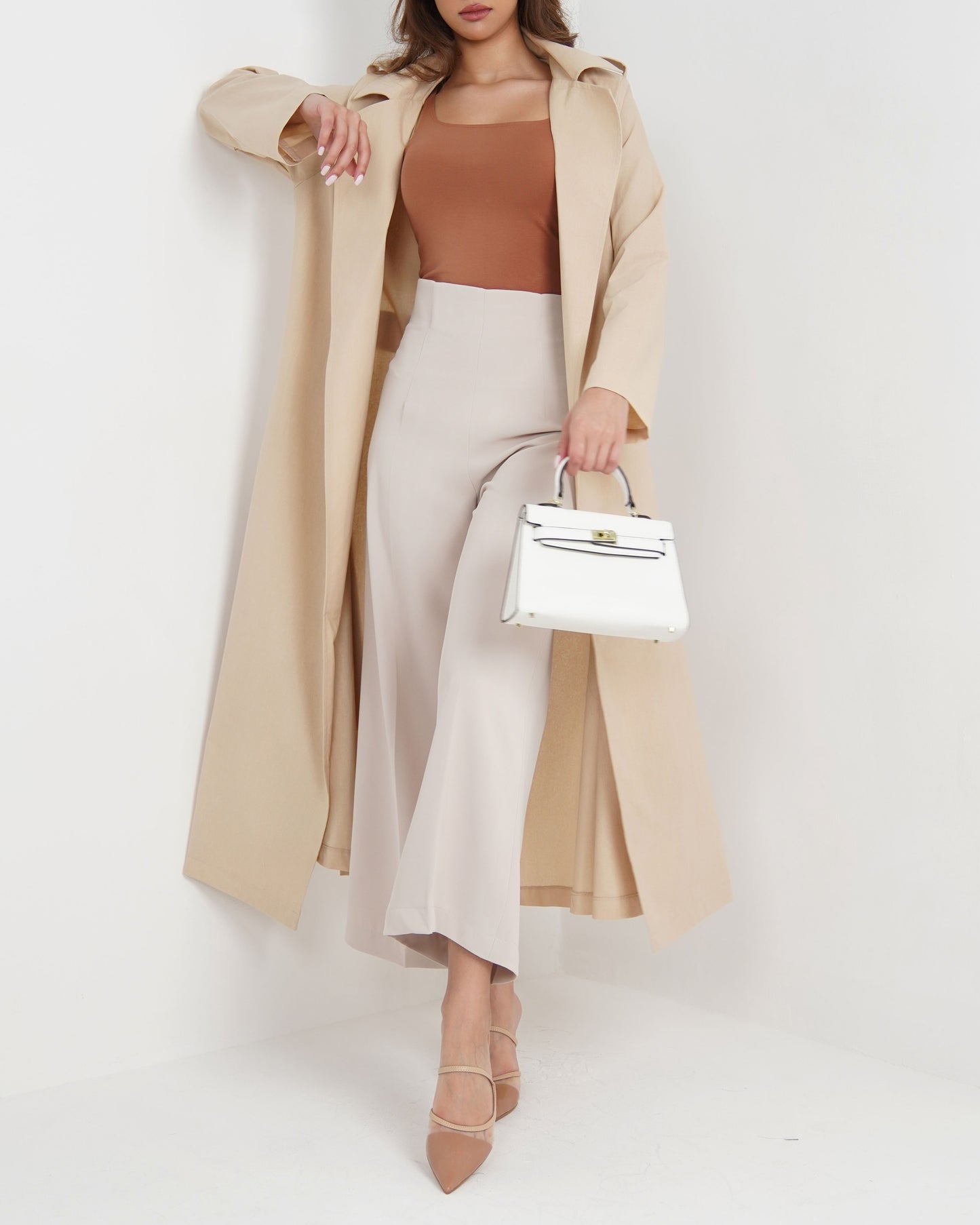 Long line trench coat in sand beige