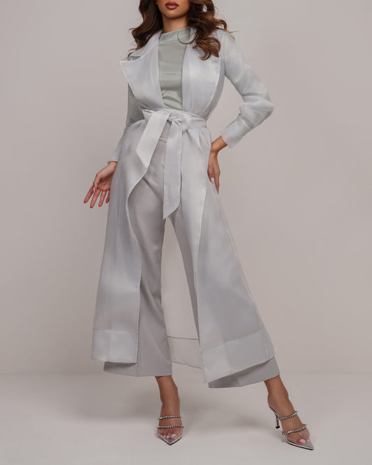 Mint green 3 piece set organza belted jacket with wide leg trousers