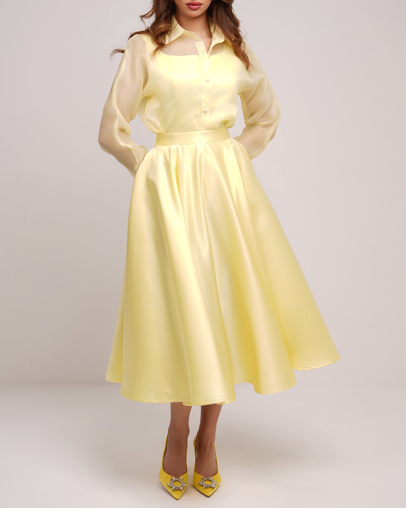 Sheer shirt with satin bodice and flared midi skirt in lemon zest