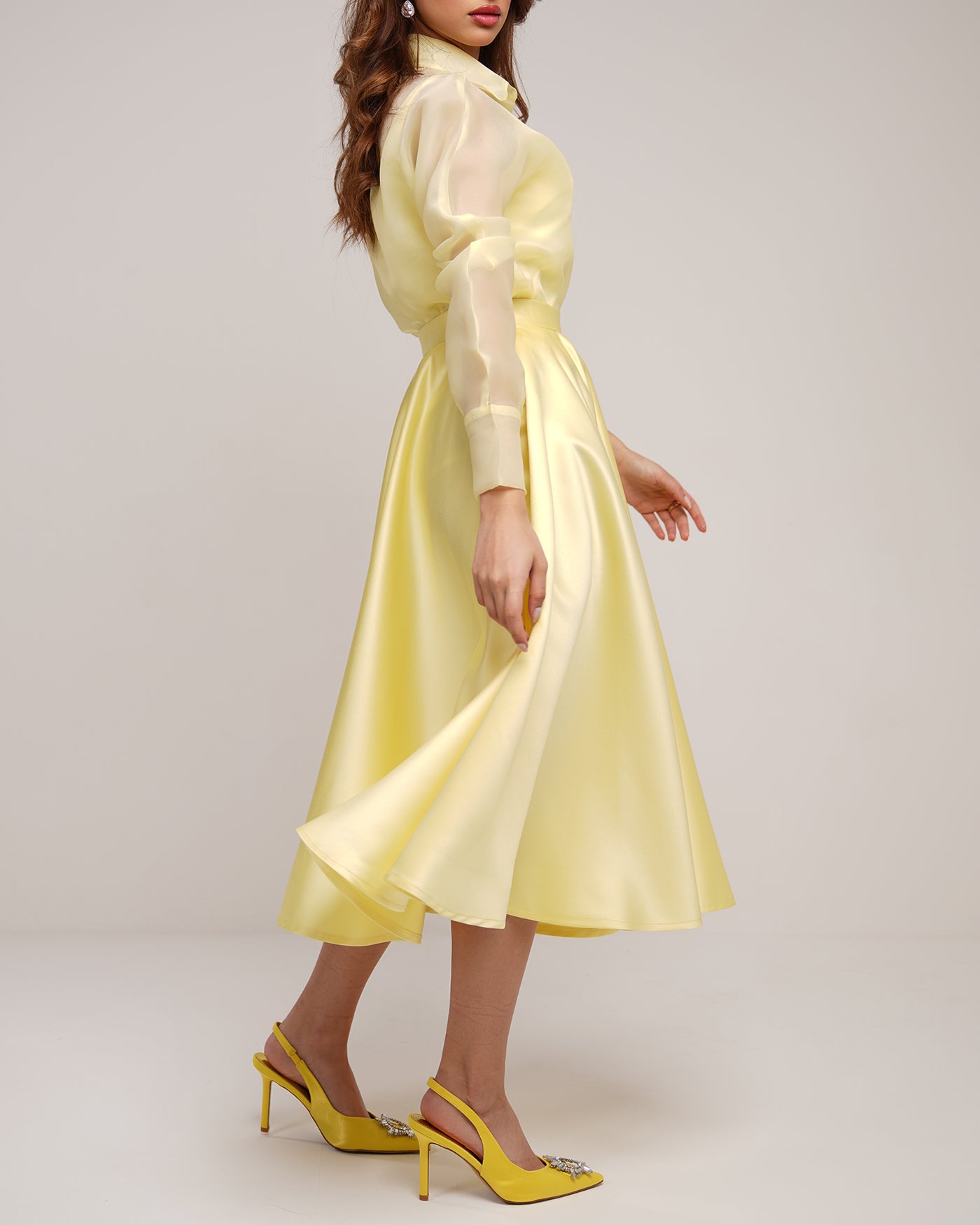 Sheer shirt with satin bodice and flared midi skirt in lemon zest