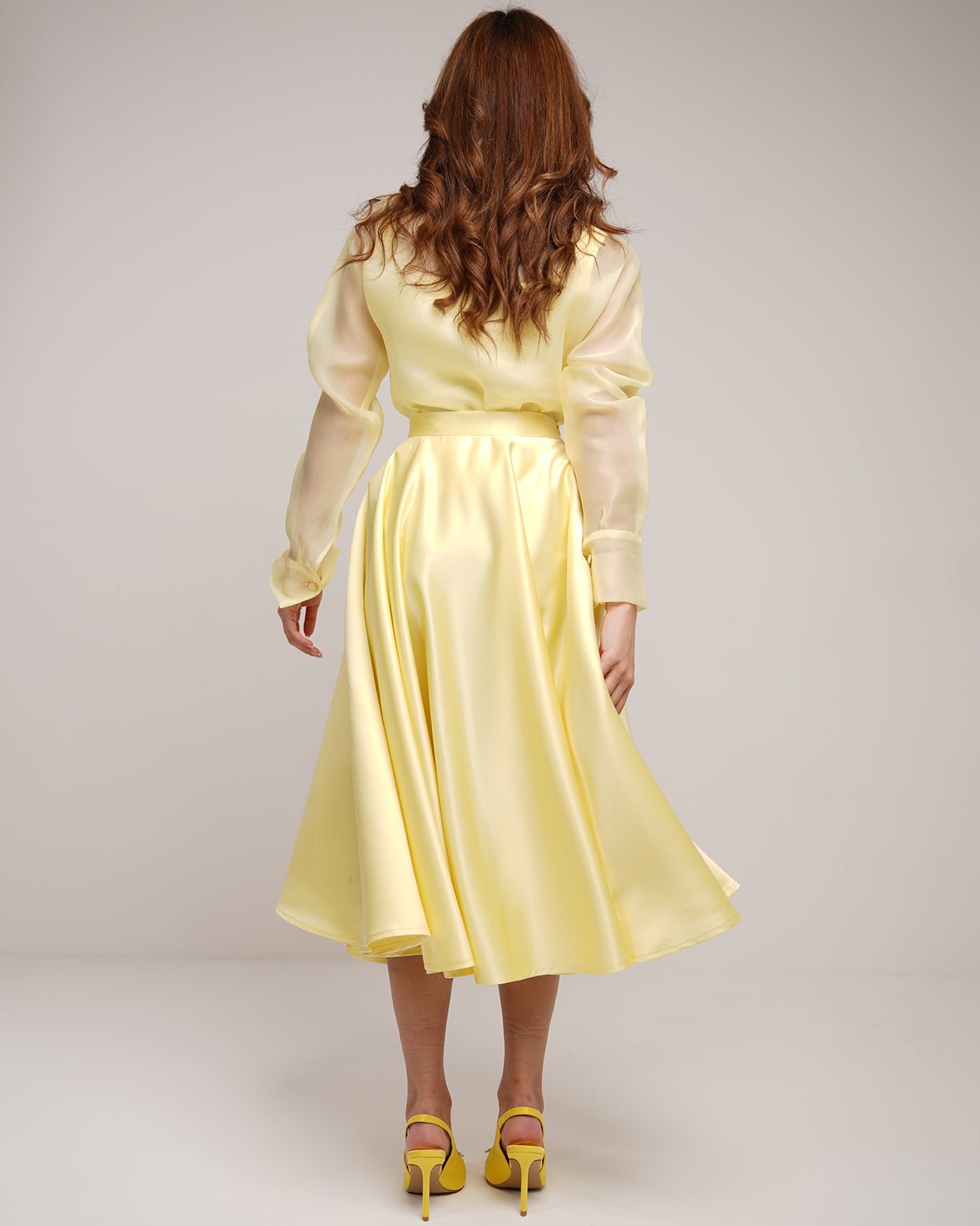 Sheer shirt with satin bodice and flared midi skirt in lemon zest