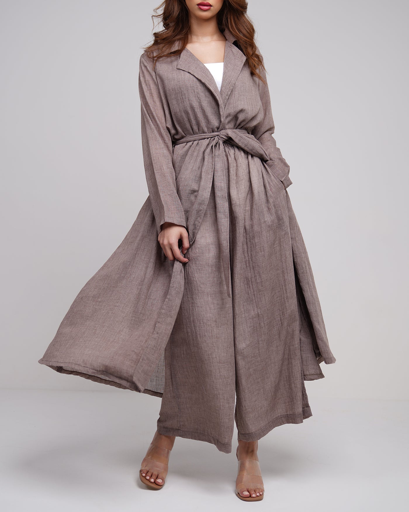 Mocha long line trench coat with wide leg trousers