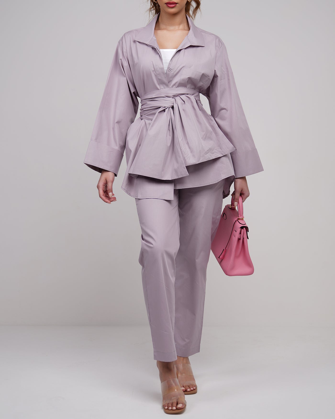 Pink lavender belted oversized shirt with straight cut trousers