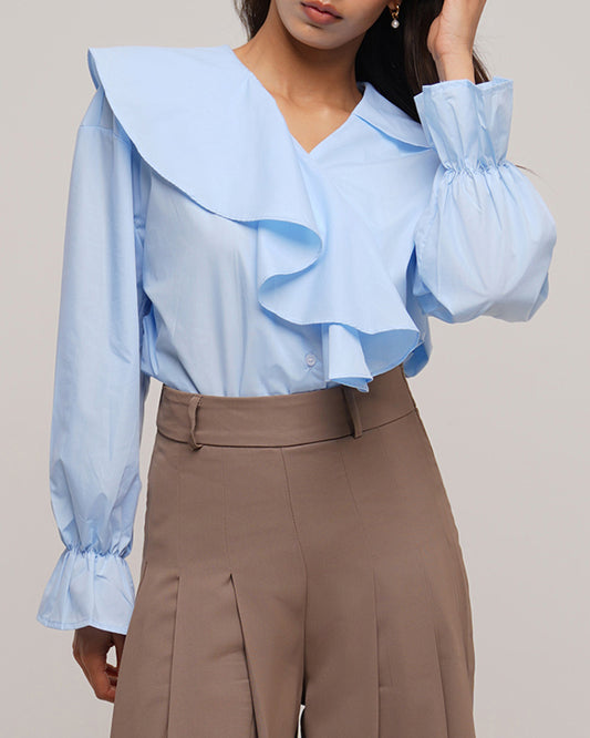 Irregular ruffled neckline shirt in baby blue