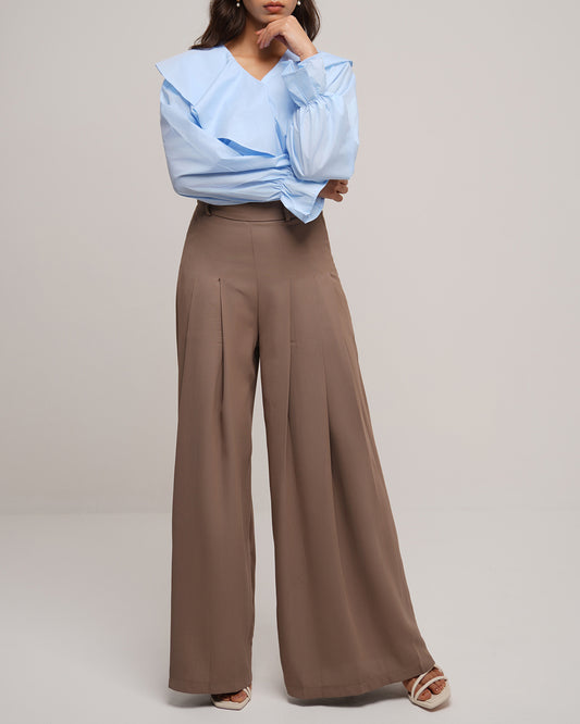 High waisted front pleated wide leg trousers in saddle