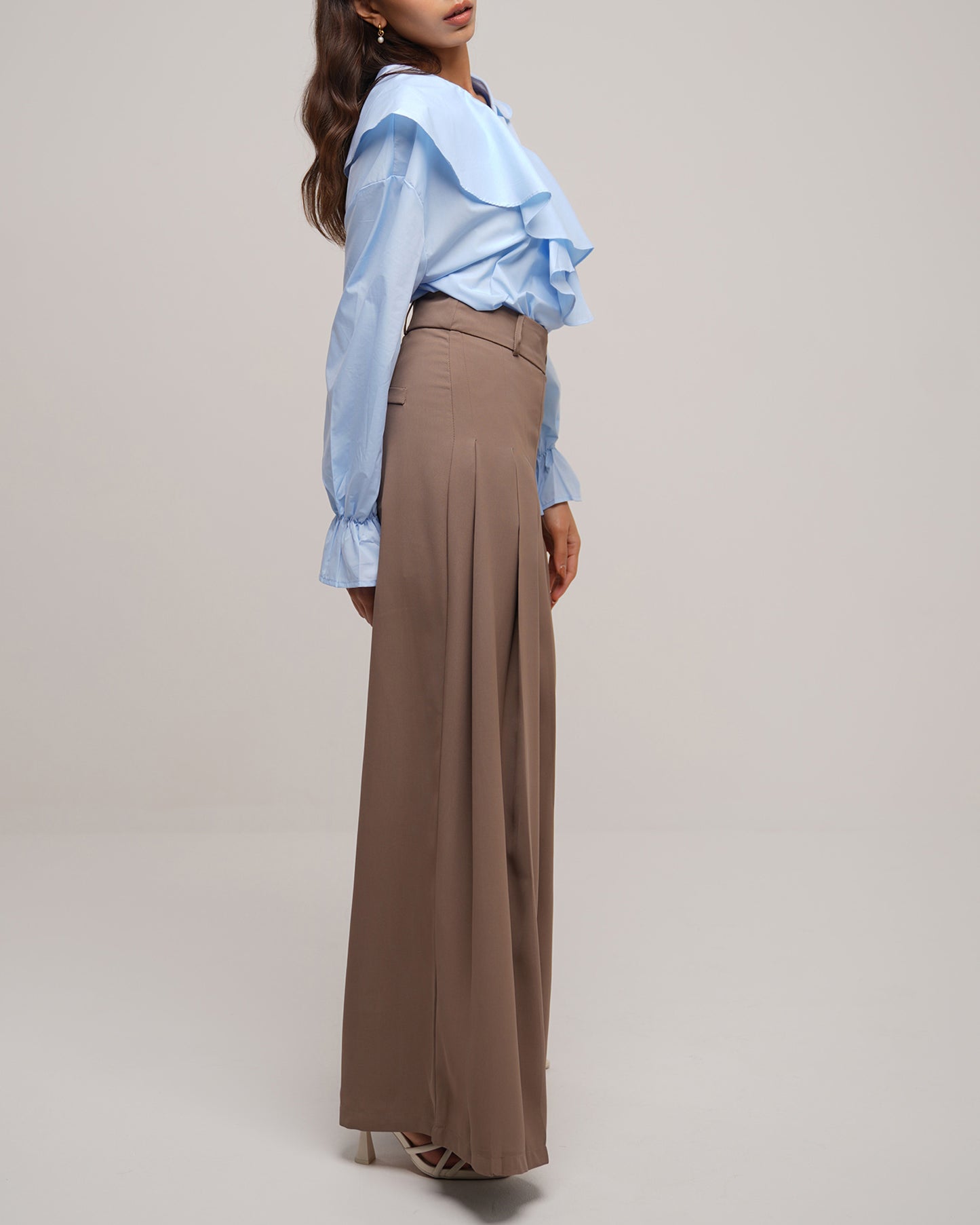 High waisted front pleated wide leg trousers in saddle