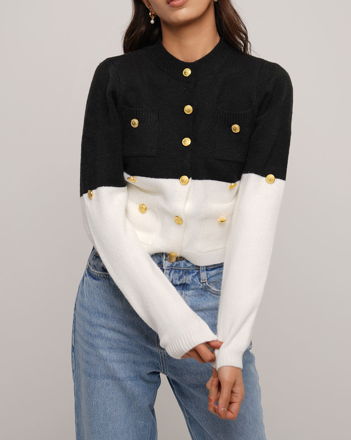 Cropped black and white knitted cardigan