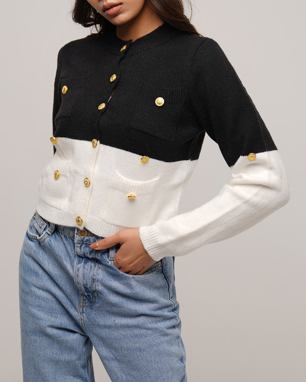 Cropped black and white knitted cardigan