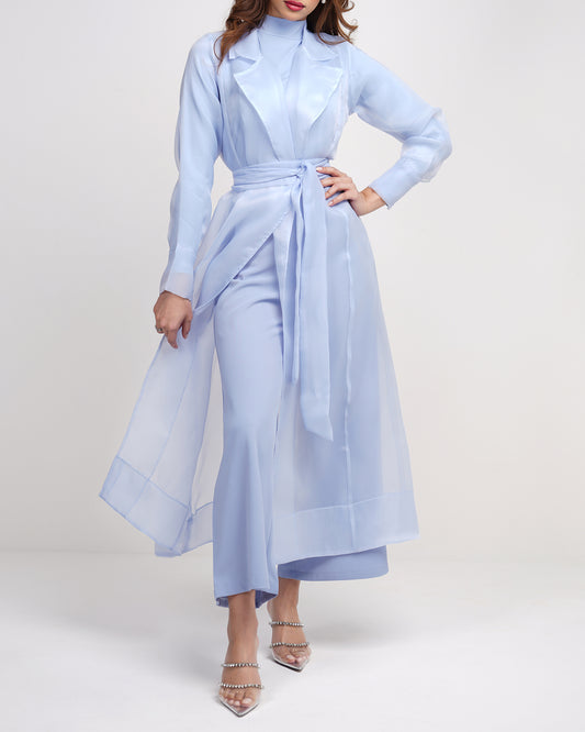 Serenity blue 3 piece set organza belted jacket with wide leg trousers