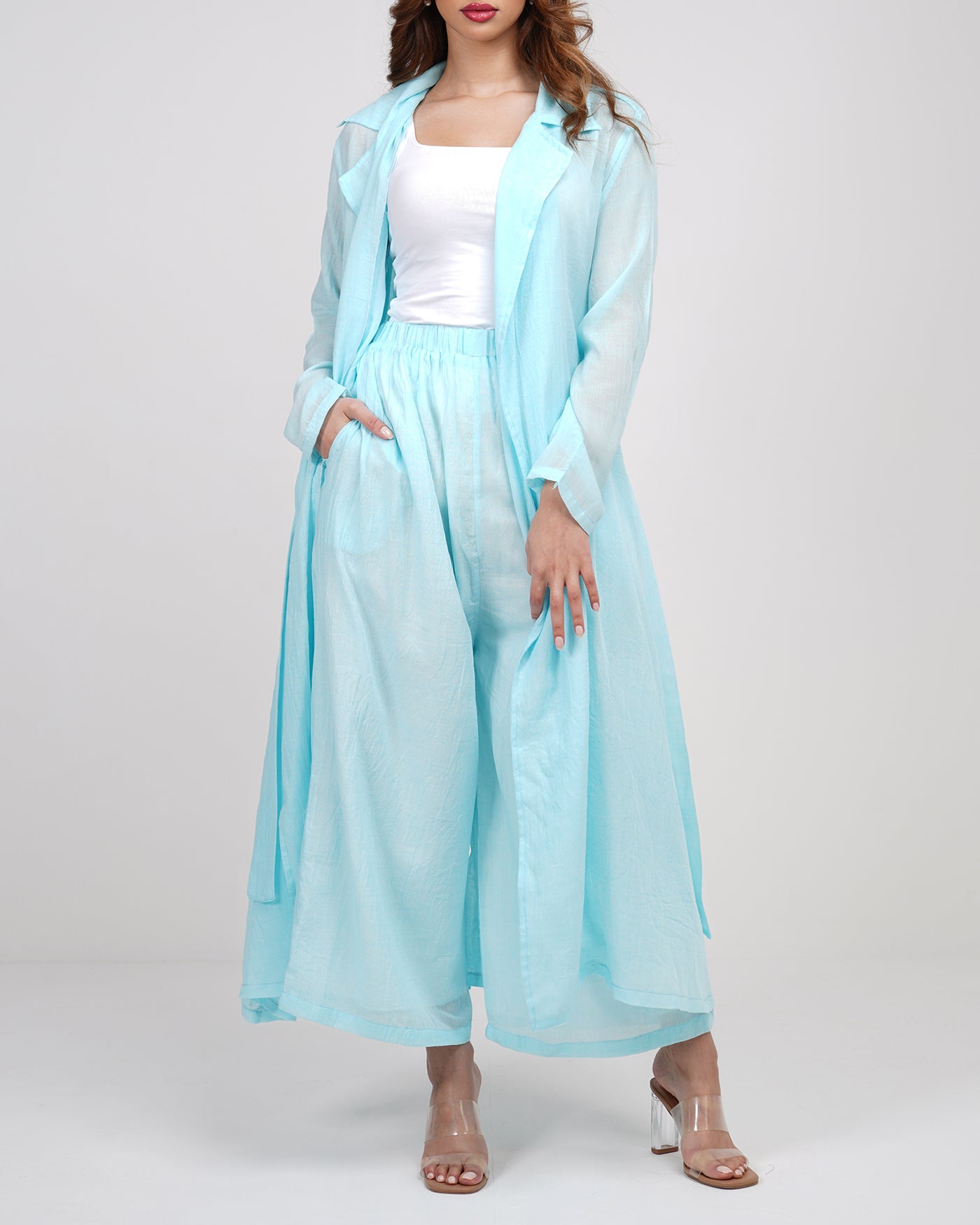 Blue glow long line trench coat with wide leg trousers