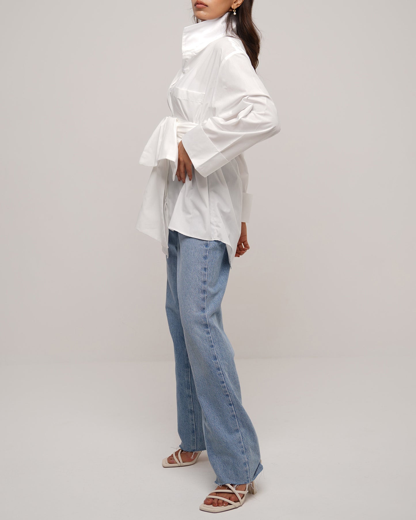 Belted oversized asymmetric cotton off white shirt
