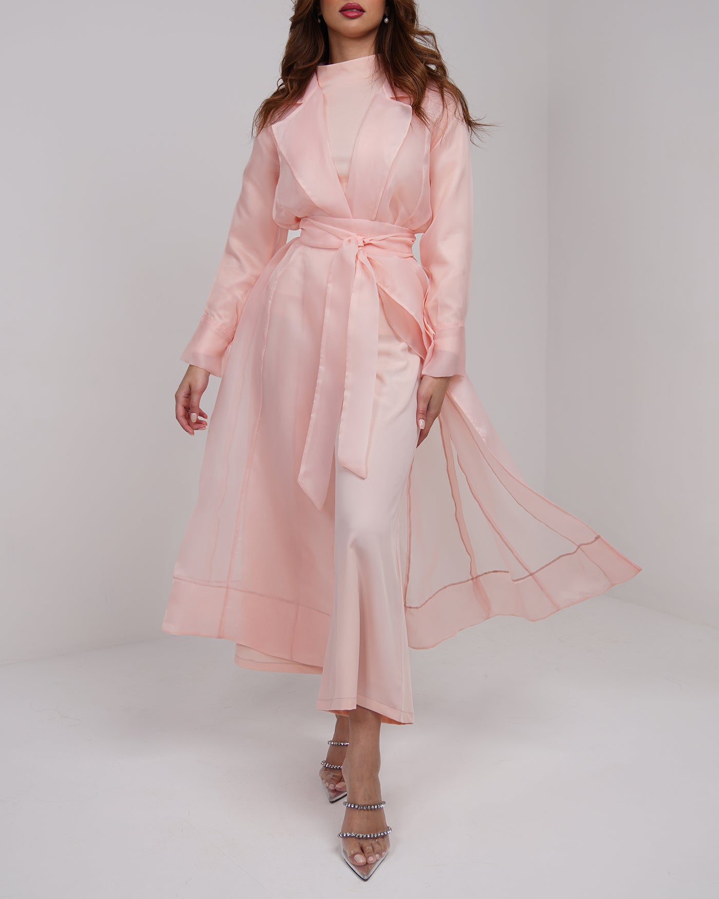 Coral sky 3 piece set organza belted jacket with wide leg trousers