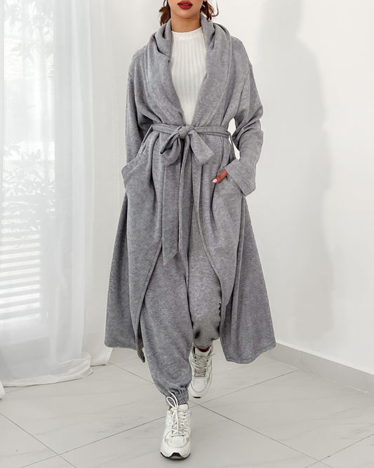 hooded longline coat with jogger in grey
