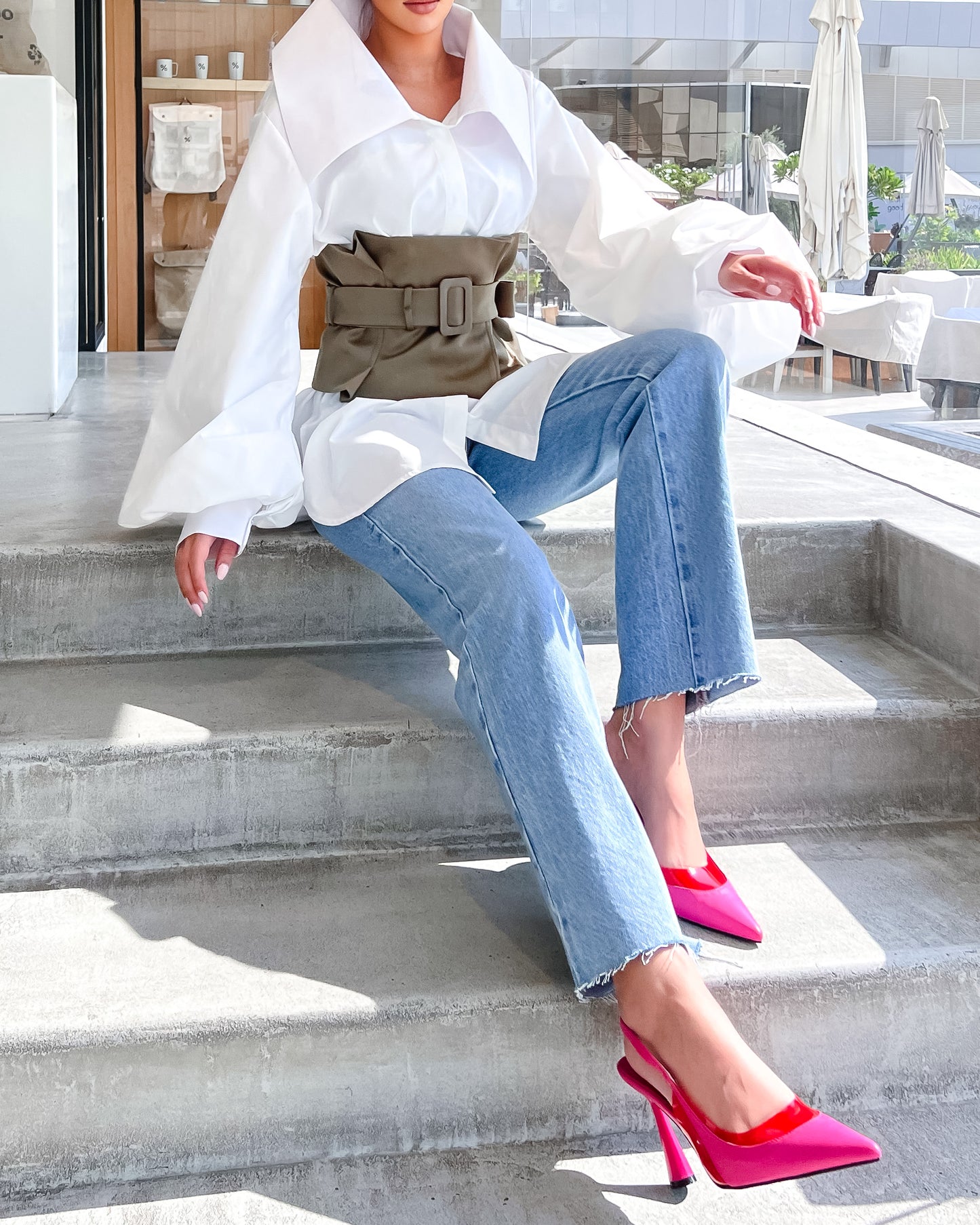 Oversized white cotton shirt with exaggerated collar in white