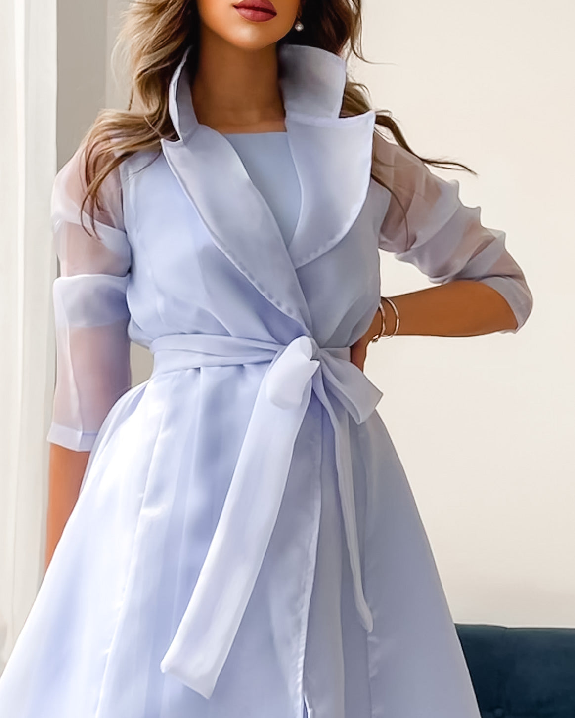 Satin dress toped with organza belted jacket in serenity blue