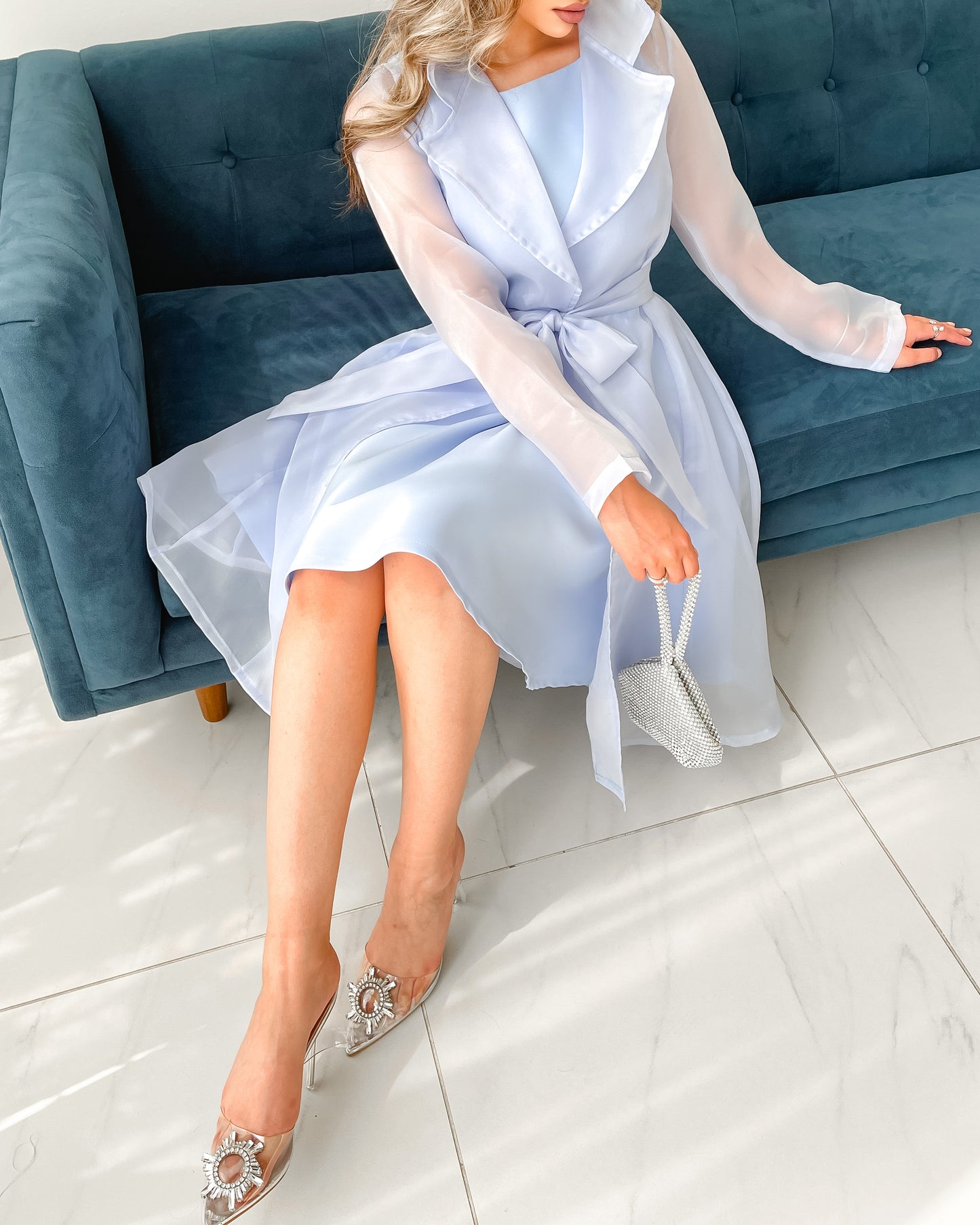 Satin dress toped with organza belted jacket in serenity blue