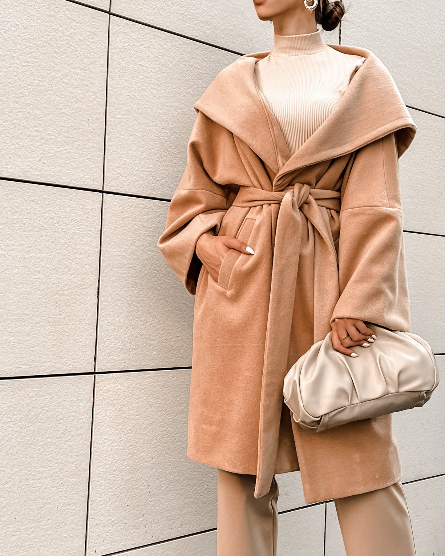 Hooded oversized belted wool coat in tan