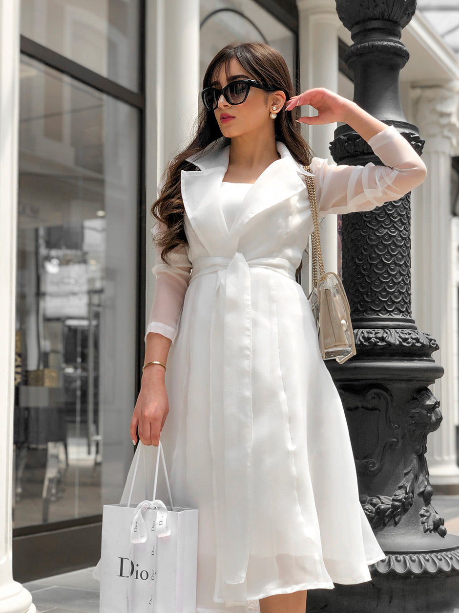 Satin dress toped with organza belted jacket in white
