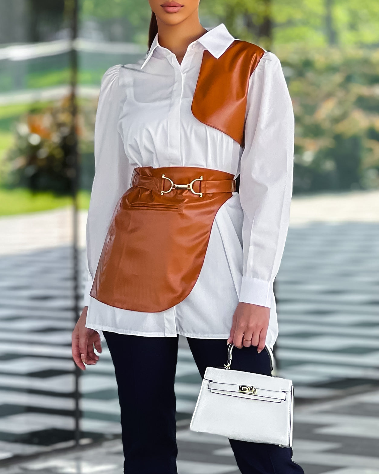 Trench shirt with side peplum belt in white