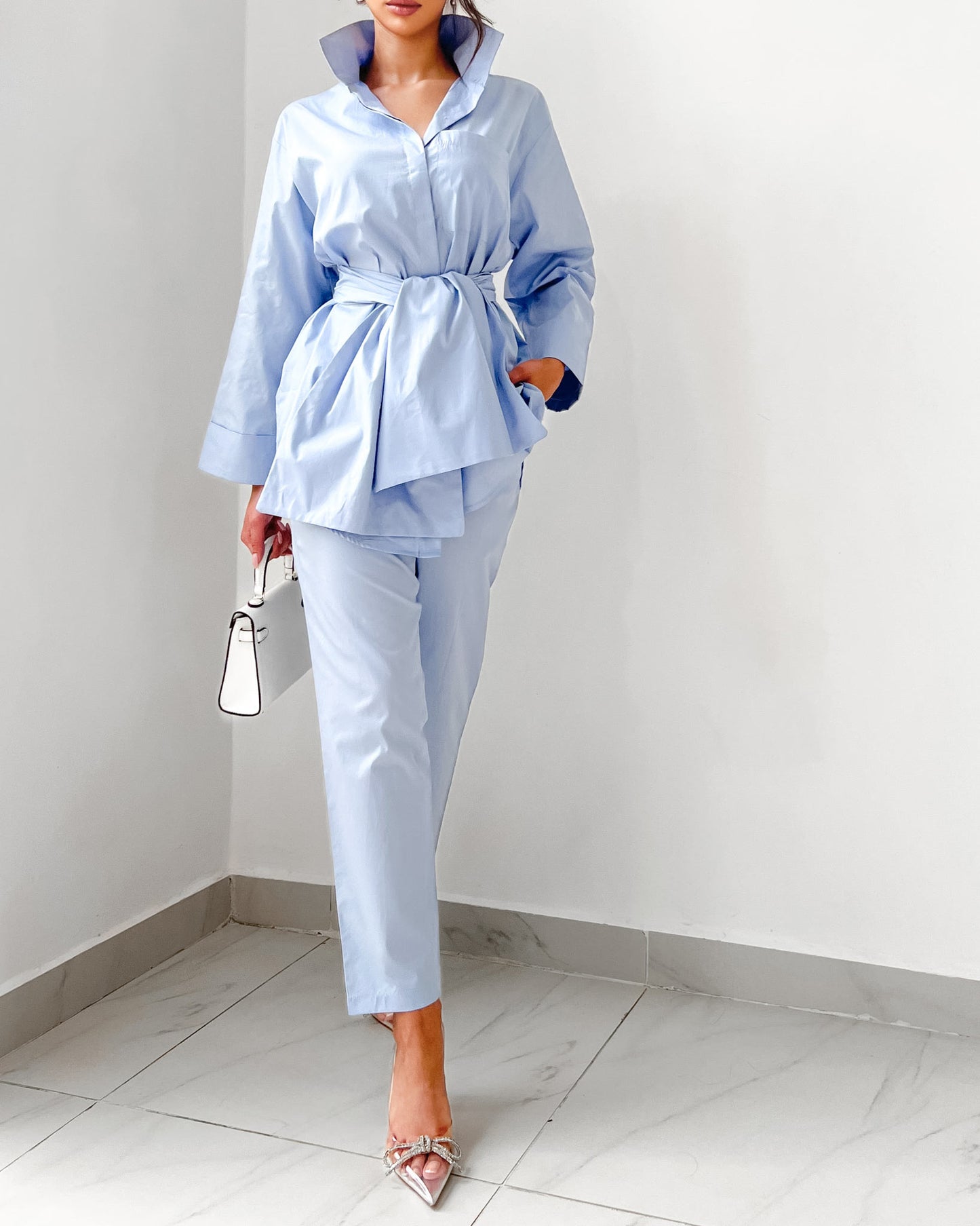 Halogen blue belted oversized shirt with straight cut trousers
