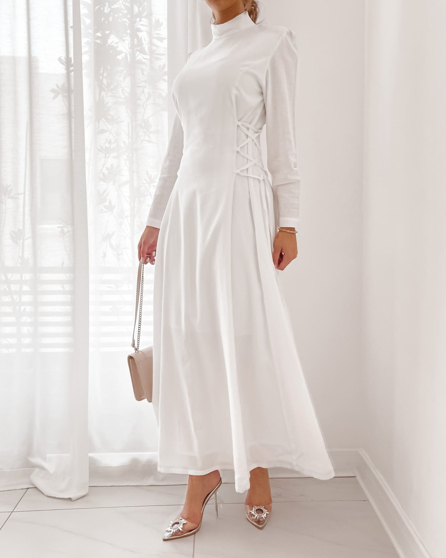 High neck maxi dress with side strap detail in white