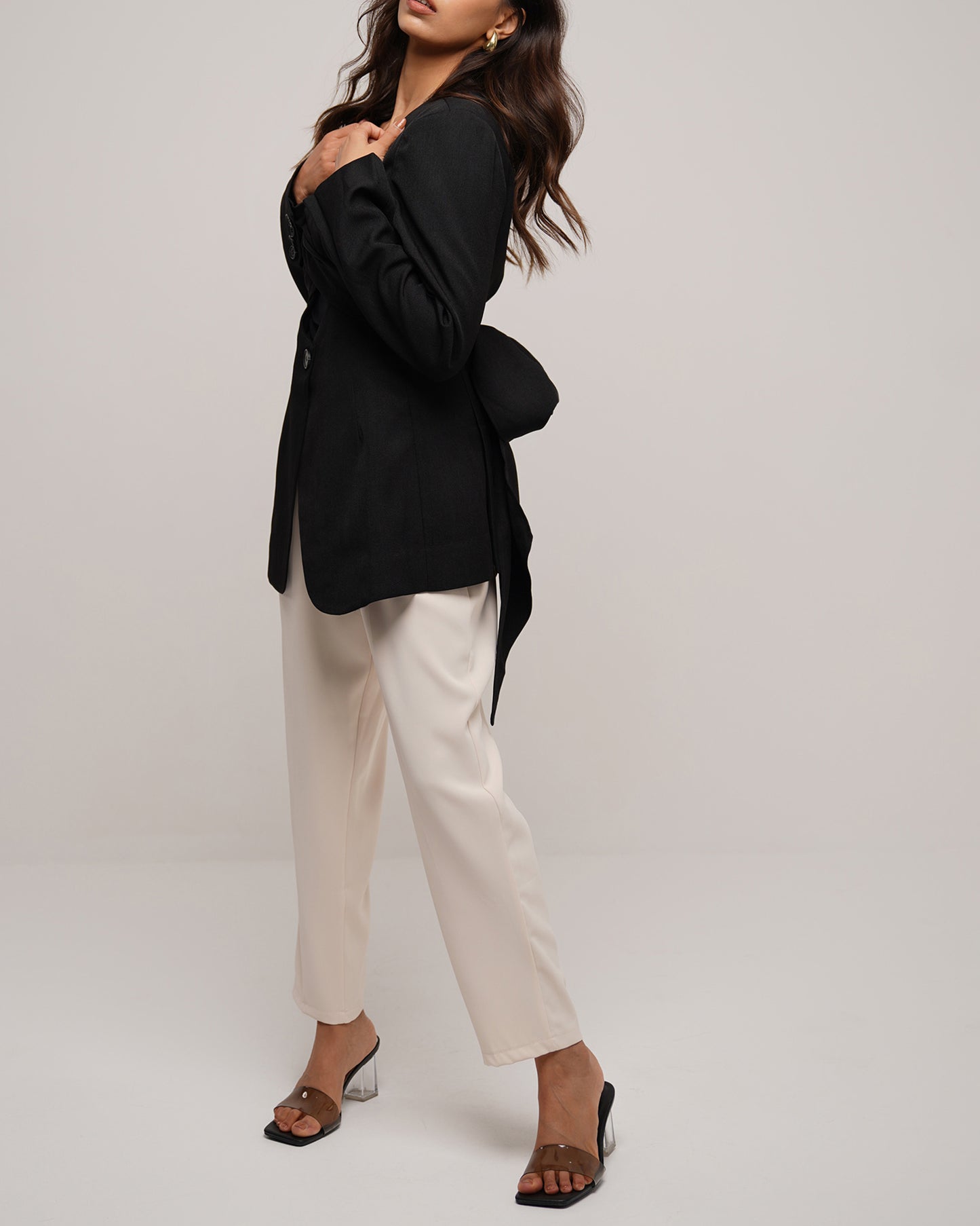Jet black U neckline blazed with wrapping belt