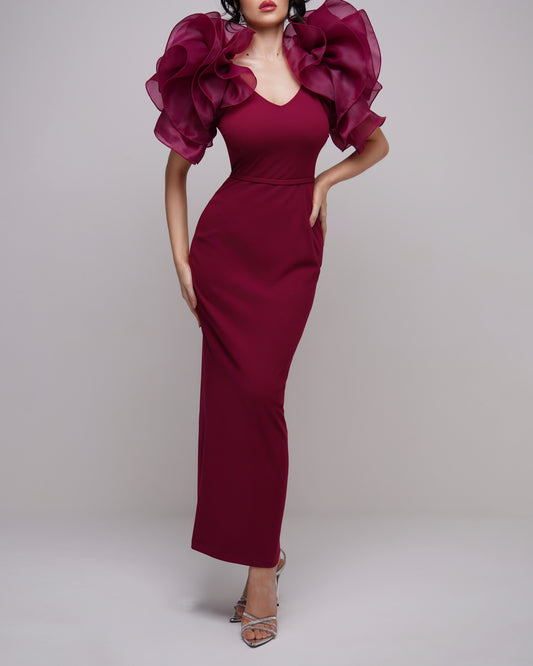 Organza ruffled sleeves v neck bodycon dress in maroon
