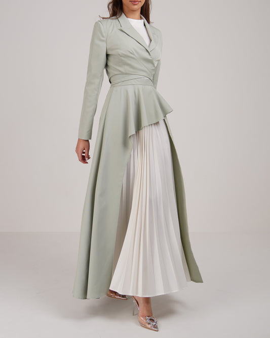Pleated detail dress and cropped tie blazer set in pastel green