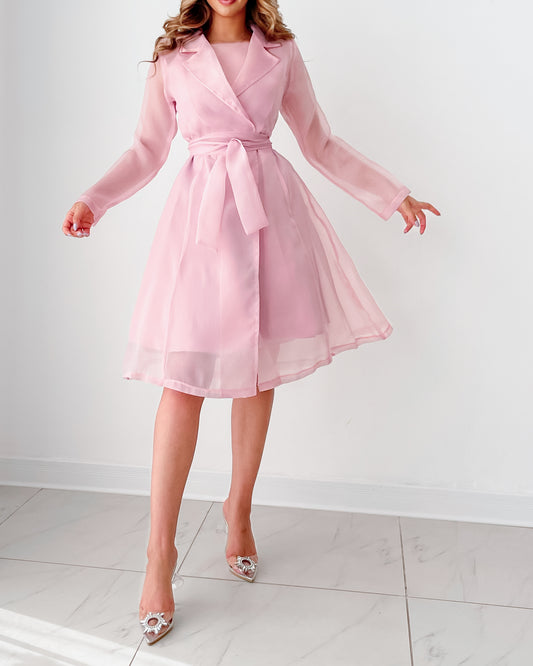 Satin dress toped with organza belted jacket in blush pink