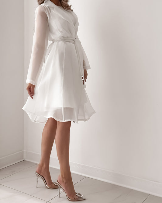 Satin dress toped with organza belted jacket in white