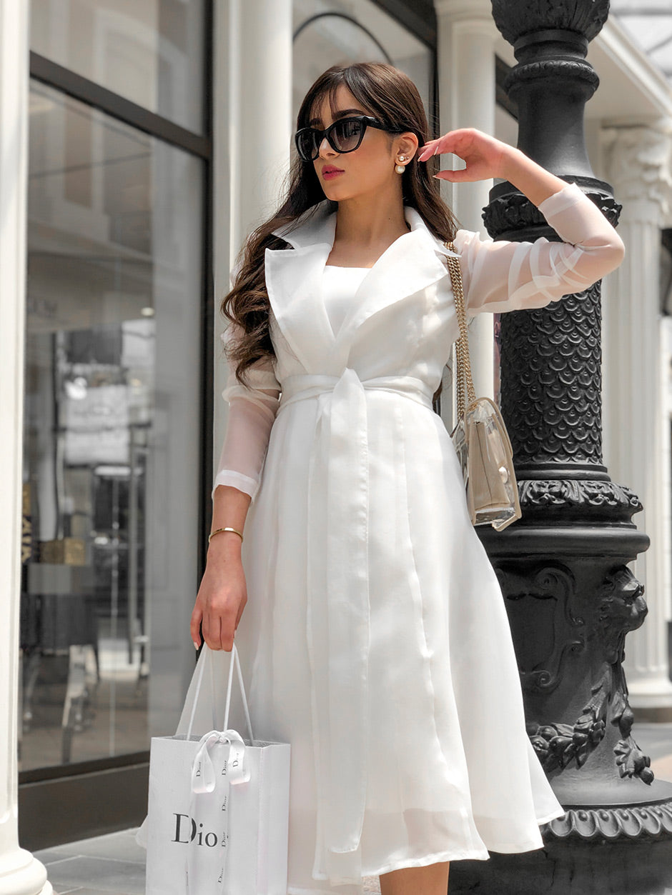 white dress coat Satin dress toped with organza belted jacket in white