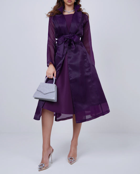 Satin dress topped with organza belted jacket in royal regalia