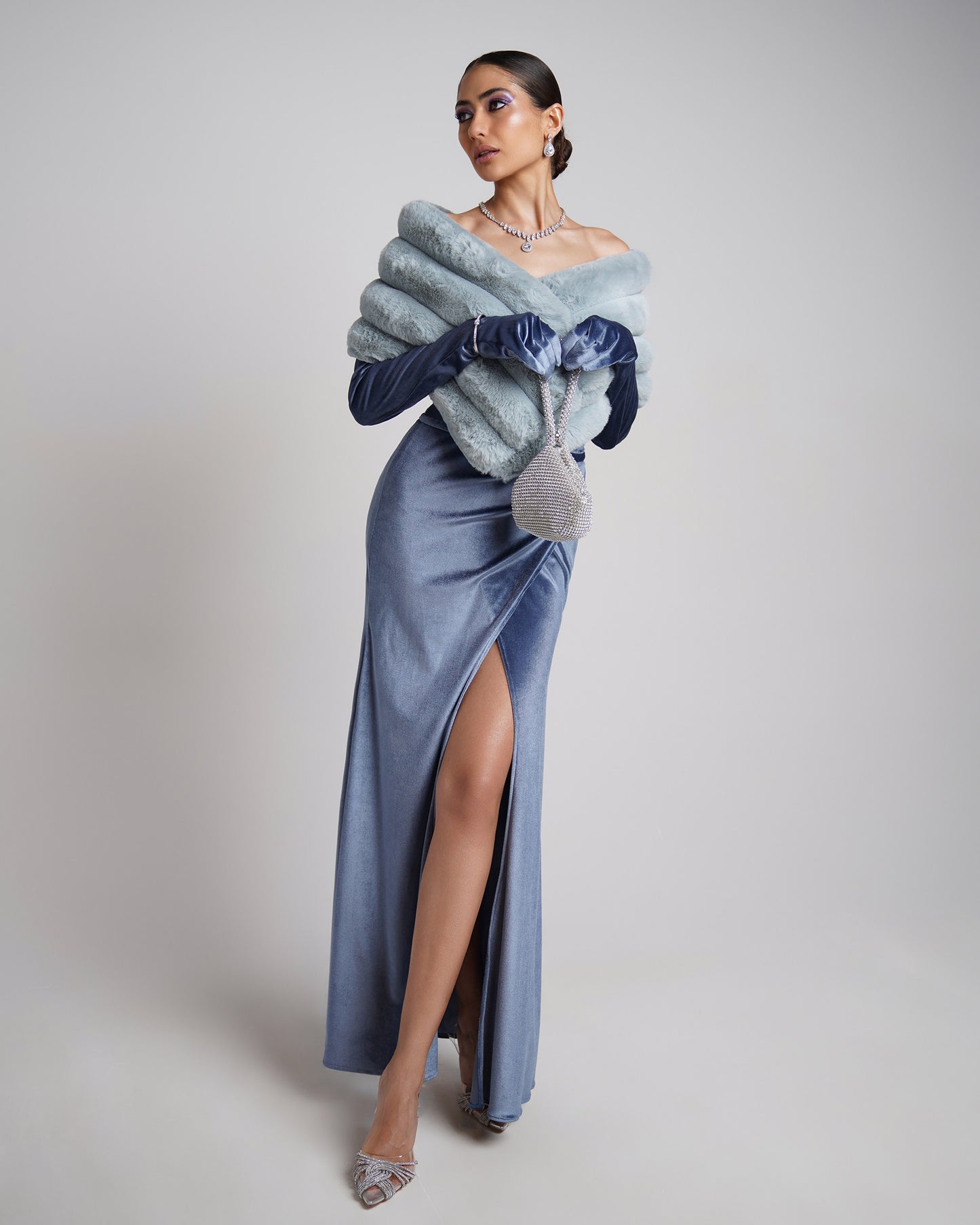 Serenity velvet gown with fur shawl