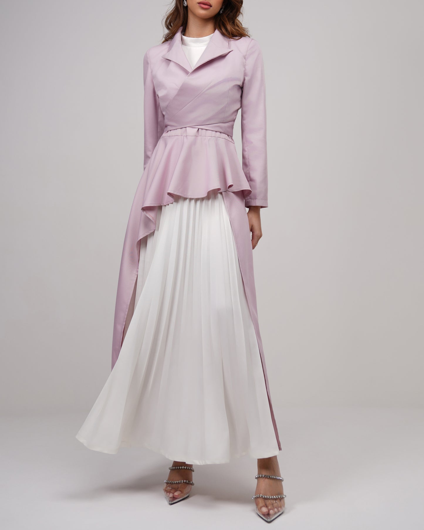 Cotton candy pleated detail dress and cropped tie blazer set