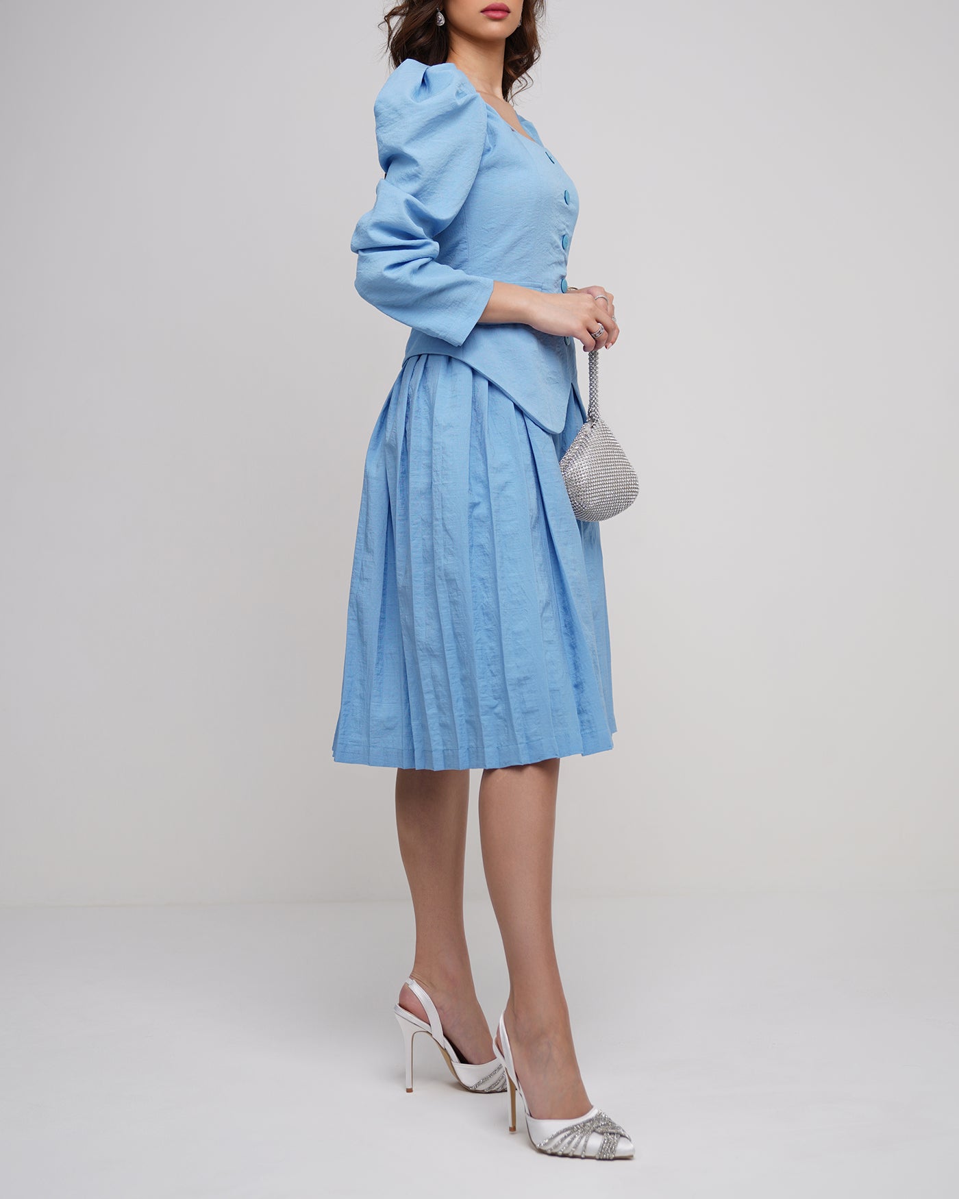Blue buffed Sleeves with pleated skater dress