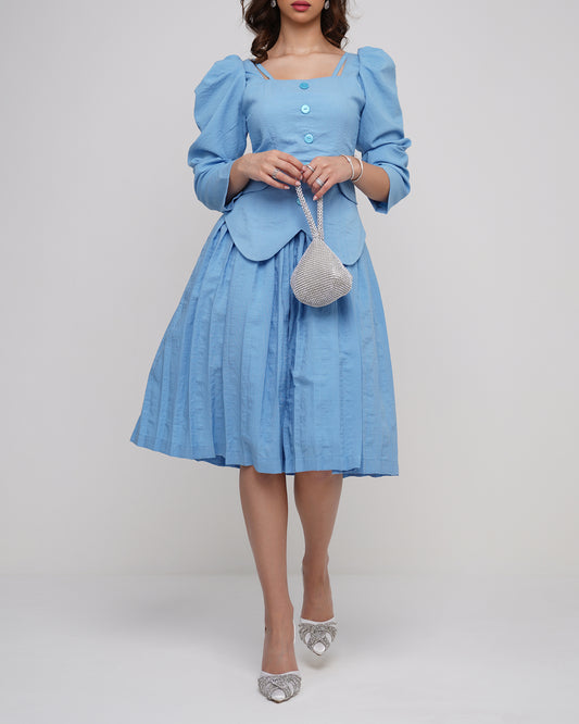 Blue buffed Sleeves with pleated skater dress