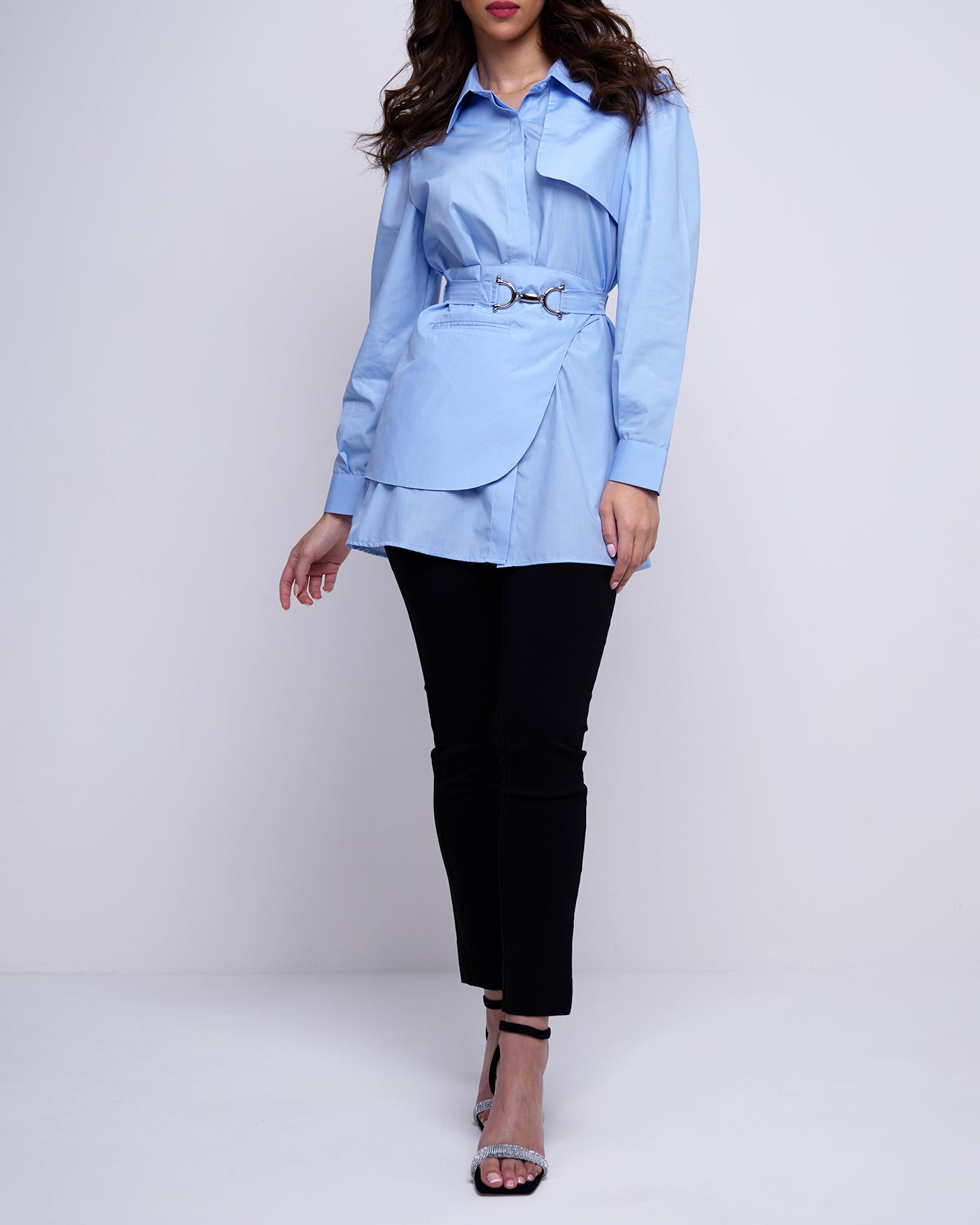 Trench shirt with side peplum belt in blue