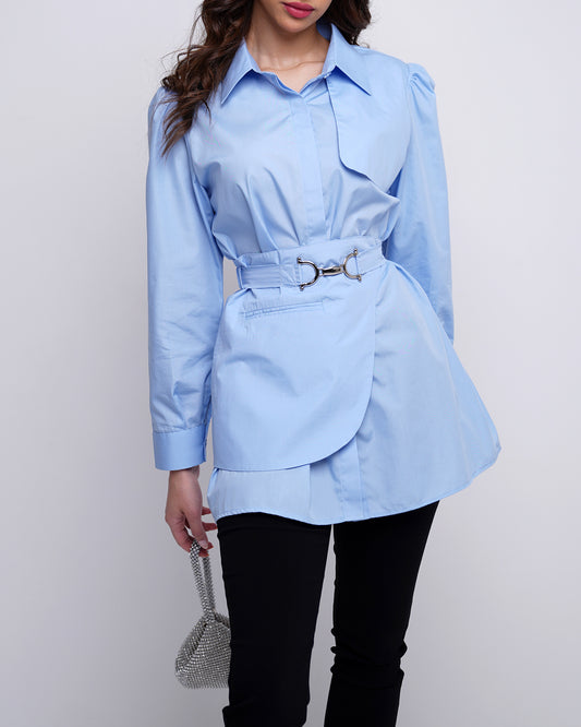 Trench shirt with side peplum belt in blue
